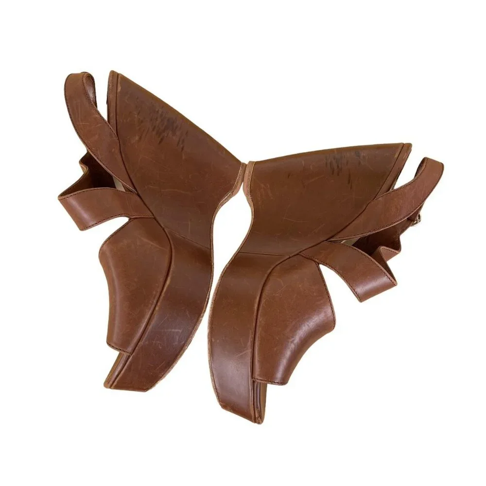 Prada Brown Leather Platform Wedge Sandals Open Toe Slingback Size 37
